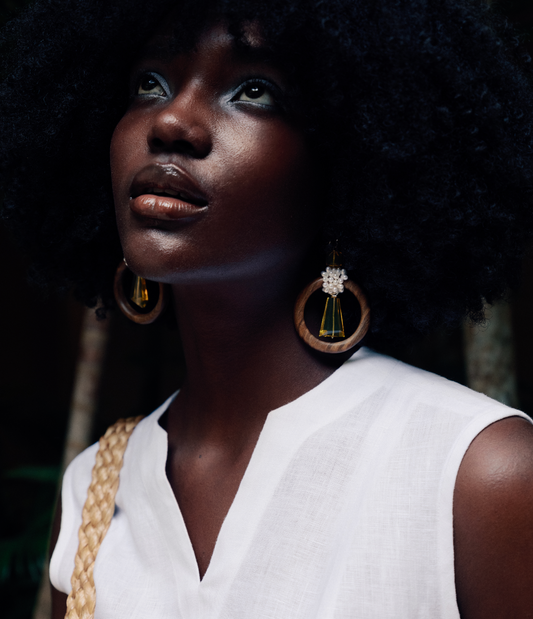 Aretes Argolla Madera, Perlas & Ámbar