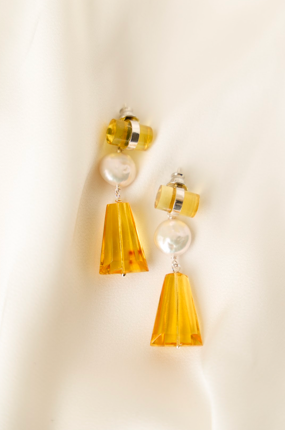 Amber, Pearl and Silver Earrings