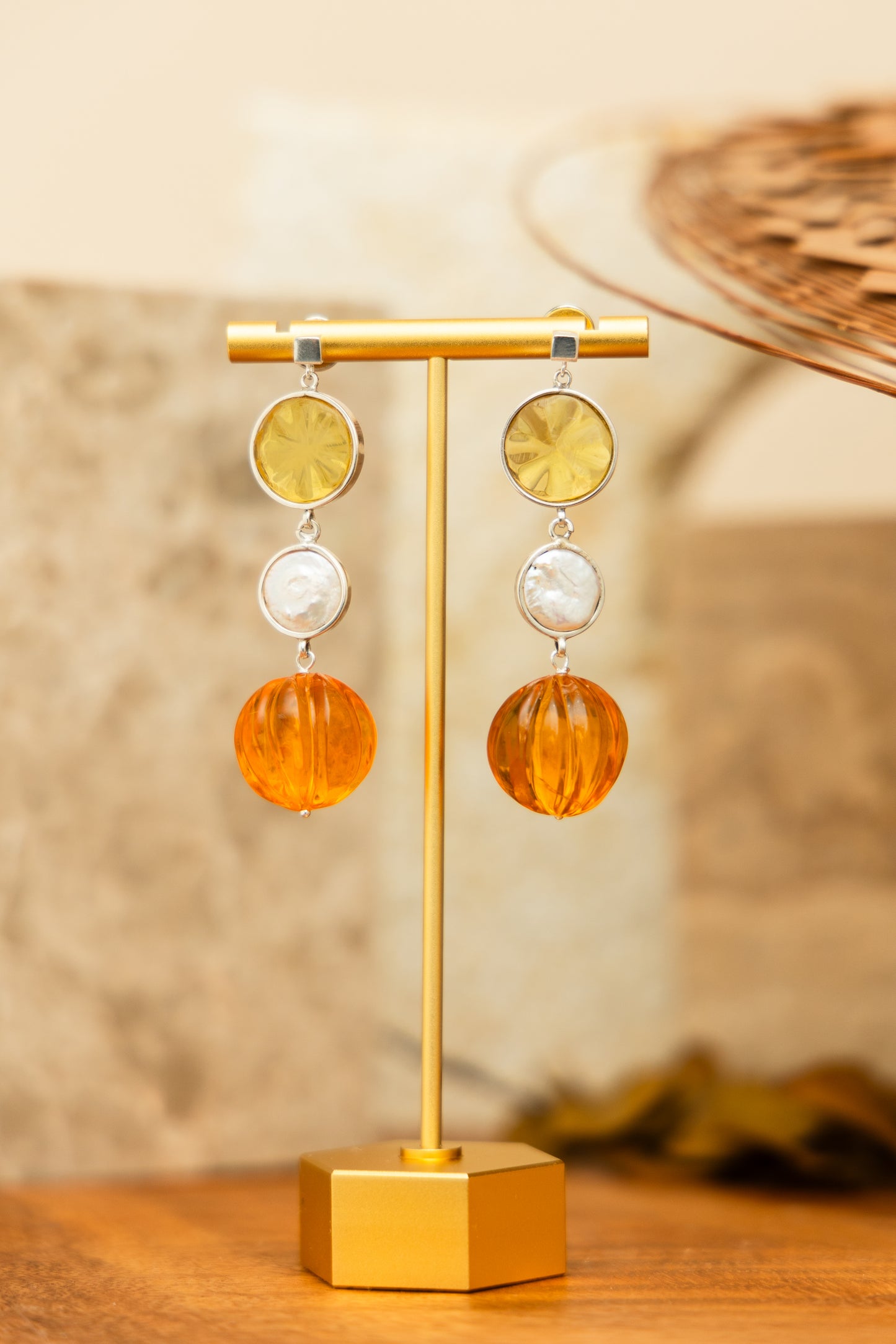 Amber Earrings, Pearls and Silver