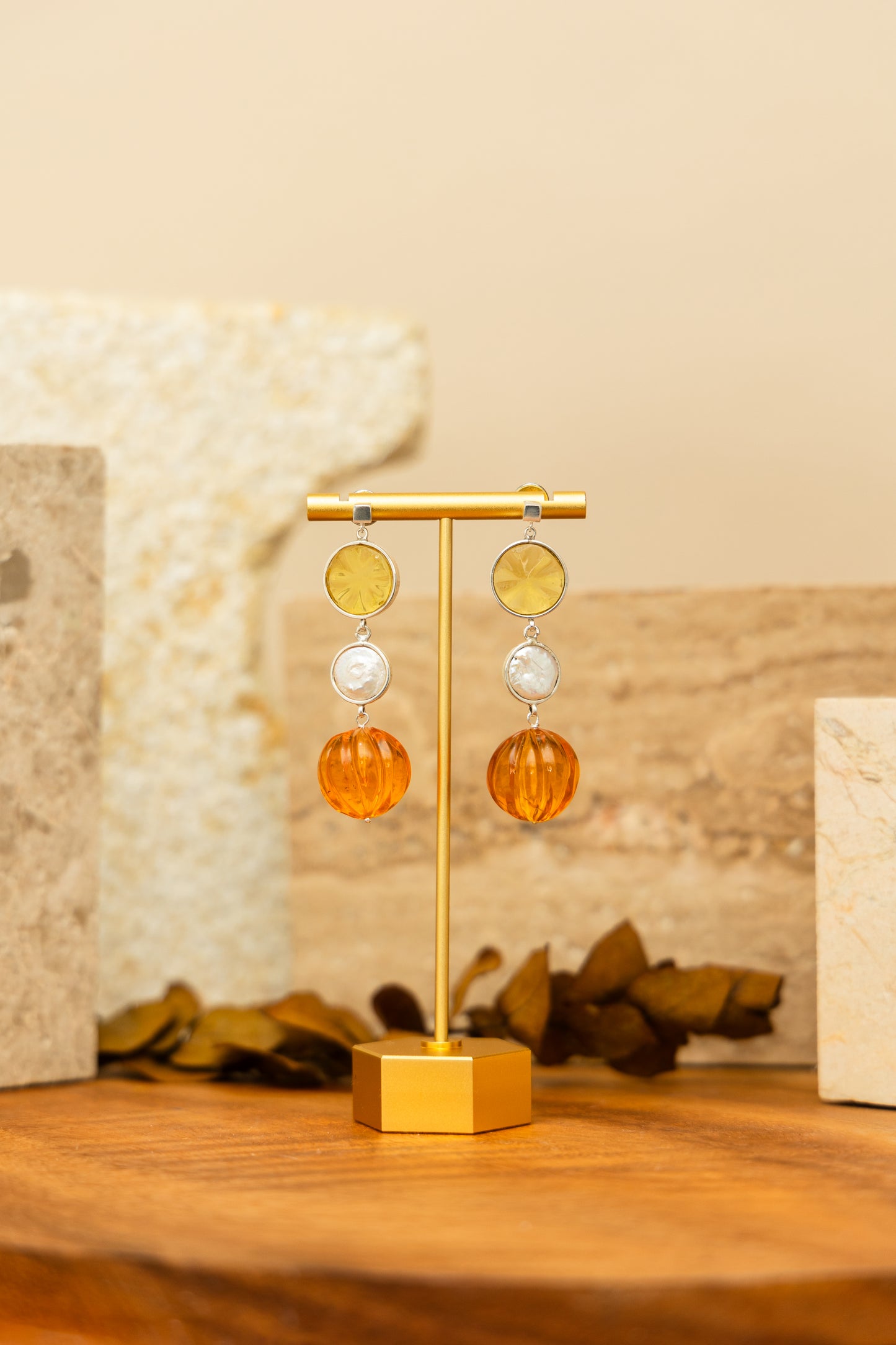 Amber Earrings, Pearls and Silver