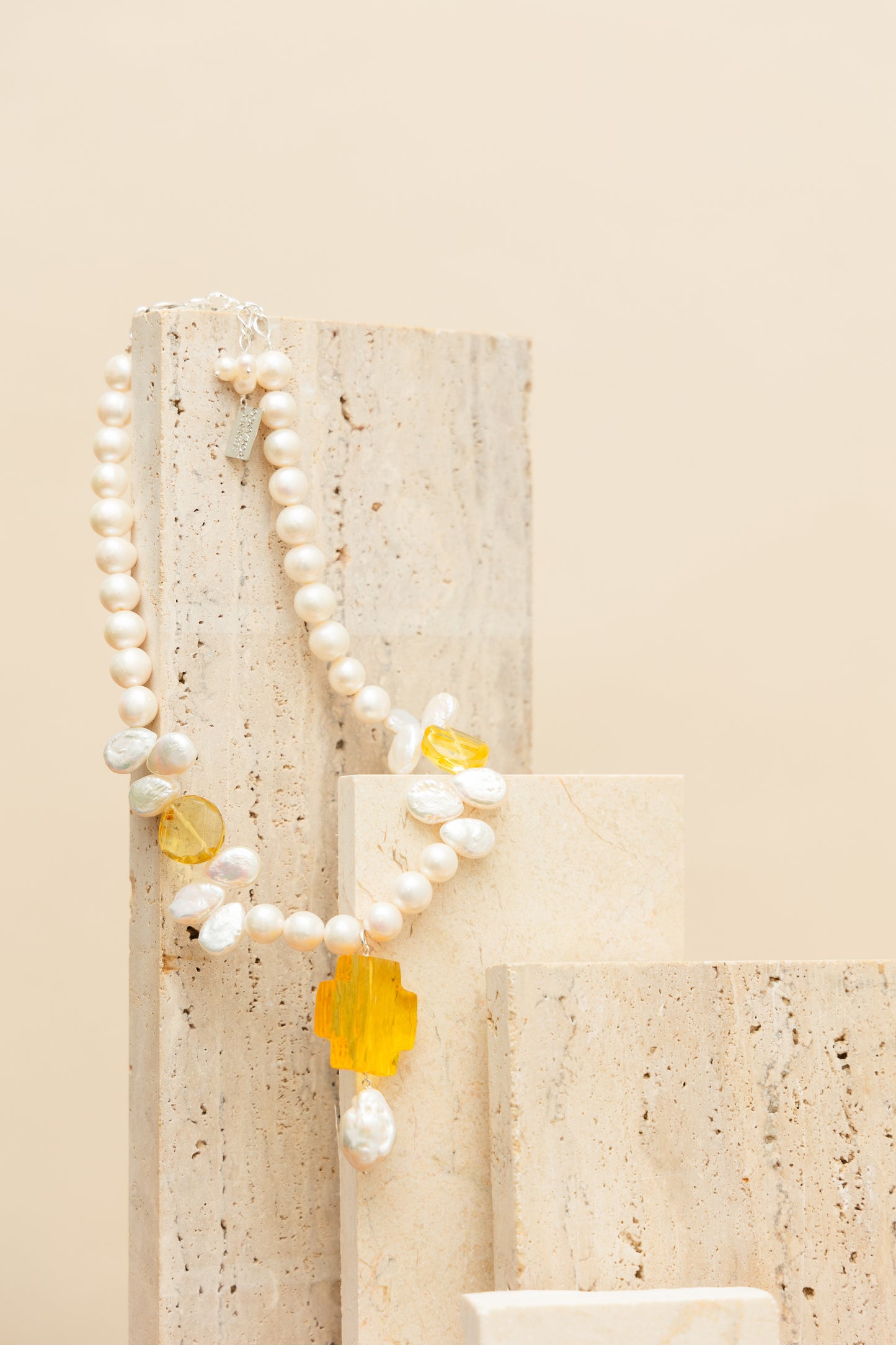 Amber Cross & Pearls Necklace