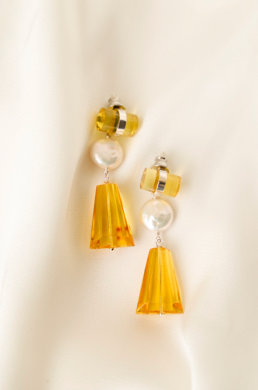 Amber, Pearl and Silver Earrings