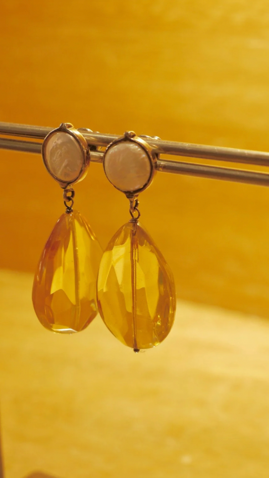 Pearl, Silver, and Amber Earrings